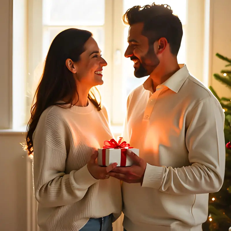 Coppia felice con regalo di Natale.