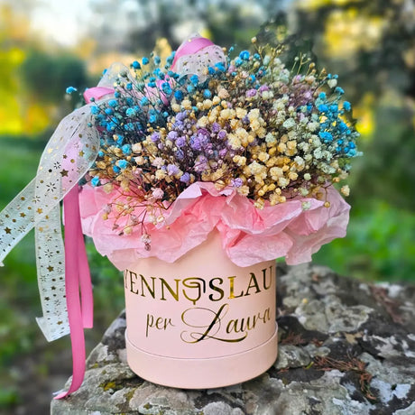 box fiori colore rosa cipria con fiori ghypsopila arcobaleno o multicolore per regalo festa della mamma, compleanno, anniversario, san valentino, natale, idea regalo per donna