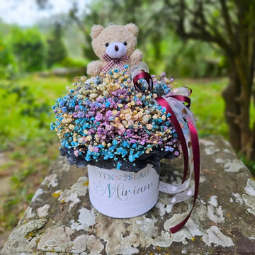 fiori  box regalo con ghypsopile arcobaleno e orsetto idea regalo per donna per qualsiai occasione, regalo personalizzato, yennyslau store