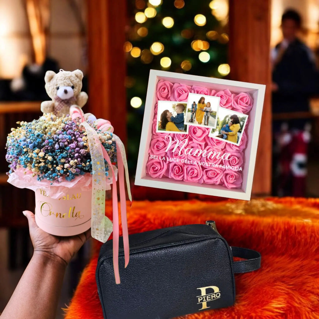 shadow box, fiori box, pochette uomo. Regali personalizzati per Natale 2025.