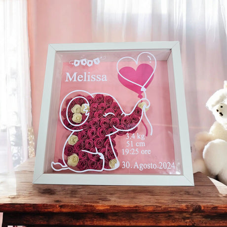Shadow Box Bianca Elefantino Rosa - Nome e dati Nascita gioiello personalizzato - Yennyslau Store