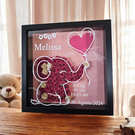 Shadow Box Nera Elefantino Rosa - Nome e Dati Nascita gioiello personalizzato - Yennyslau Store