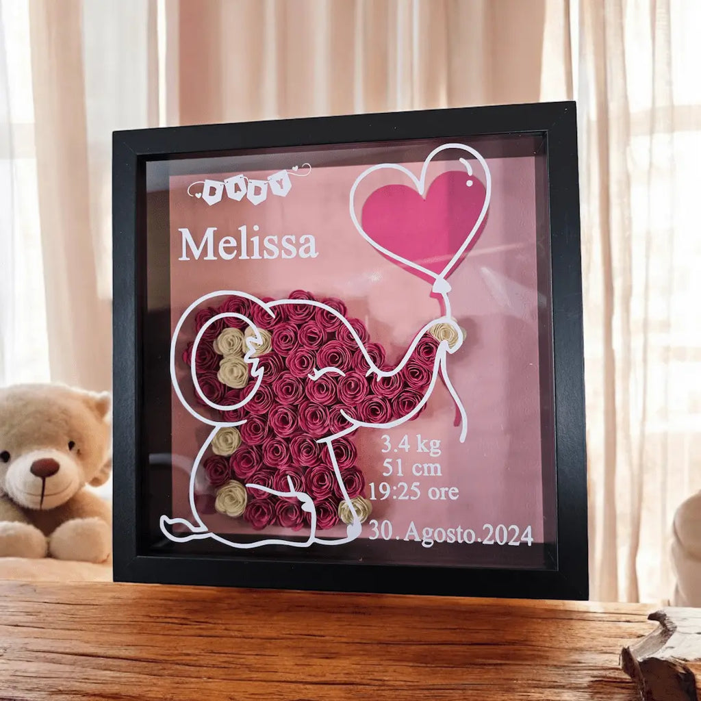 shadowbox cornice nera con elefantino colore rosa personalizzata con nome, regalo nascita, neomamma, cameretta bimbo.