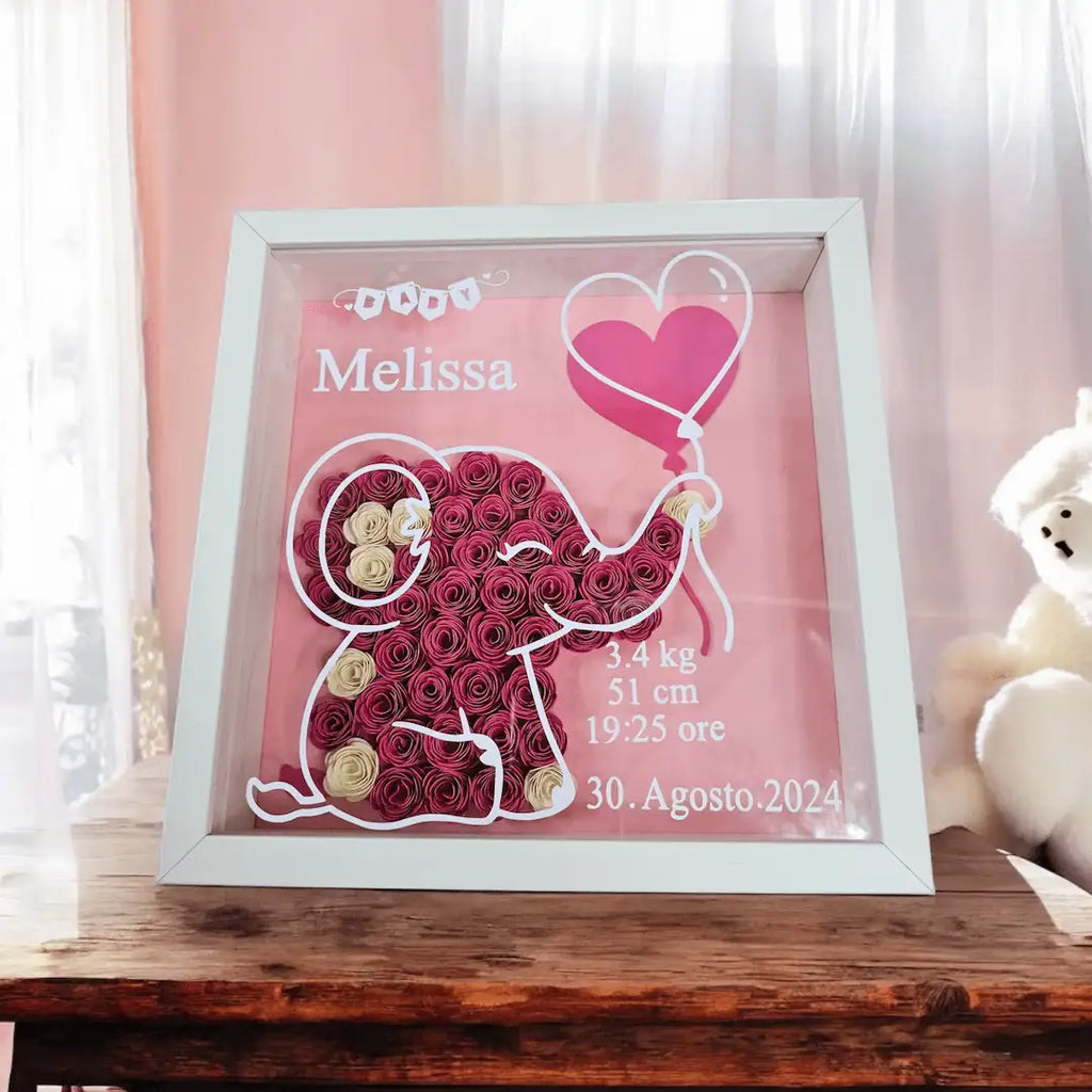 shadowbox elefantino rosa, cornice bianca, regalo personalizzato per neomamma, decorazione cameretta.